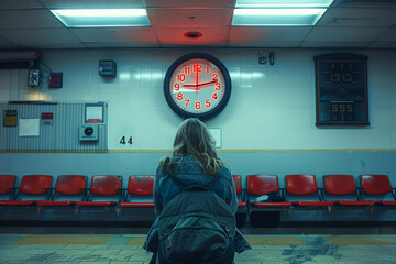 Rear view of woman standing in a waiting room of government office,  staring intently at the large clock on the wall. The room is filled with rows of red chairs, and the time is ticking by slowly