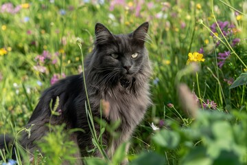 A photo of a beautiful cat in a garden, surrounded by summer flowers. Dappled sunlight shines down.