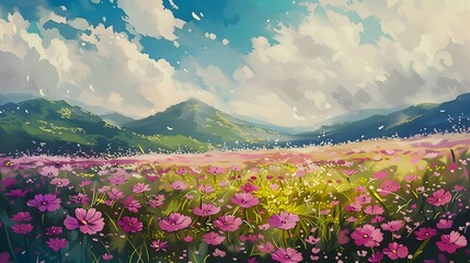 Fototapeta premium Vibrant Floral Meadow with Mountains and Cloudy Sky in Scenic Landscape