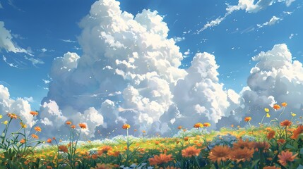 Vibrant Flower Field with Dramatic Cloudy Blue Sky Scenic Landscape