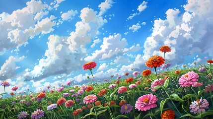 Vibrant Flower Meadow Under Cloudy Blue Sky in Springtime Scenic Landscape
