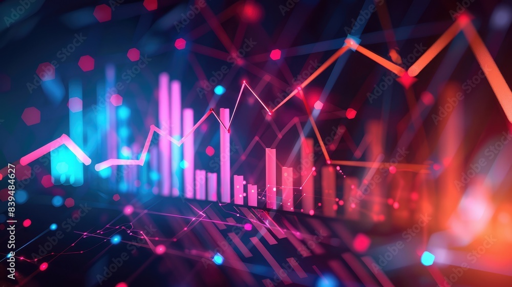 Aufkleber business graph with a zigzag pattern, financial charts and analysis tools in the background, illustr