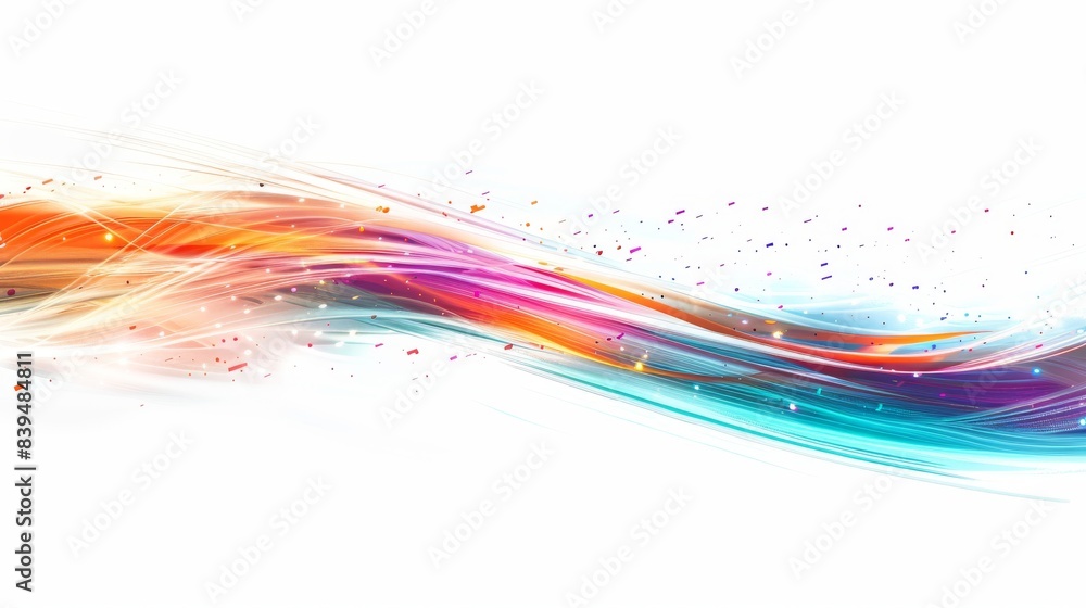 Poster pulsating light energy fibers spreading horizontally on a white background