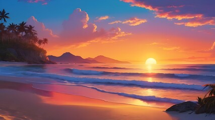 Fototapeta premium sunset beach scene, high quality, color art Geneative AI