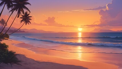 sunset beach scene, high quality, color art Geneative AI