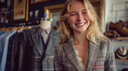 Obraz premium Young blonde woman tailor smiling confident measuring jacket at tailor shop 