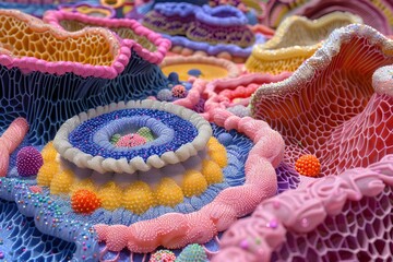 A panoramic view of a whimsical fantasy land filled with floating islands made of intricate pastry and candy, illuminated by ambient bioluminescent lighting, digital painting style