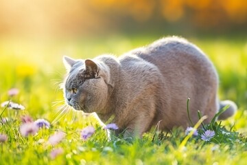 A photo of a beautiful cat in a garden, surrounded by summer flowers. Dappled sunlight shines down.