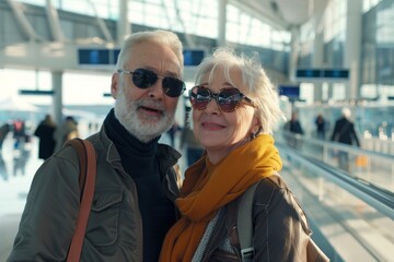 Obraz premium Portrait of a content couple in their 60s wearing a trendy sunglasses in front of busy airport terminal