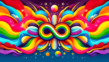 Colorful rainbow infinity symbol and bright banner celebrating pride month