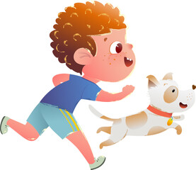 Cute redhead boy and his best friend little puppy dog running together. Child character playing with pet doggy, kids and puppies illustration. Vector hand drawn clipart cartoon for children.