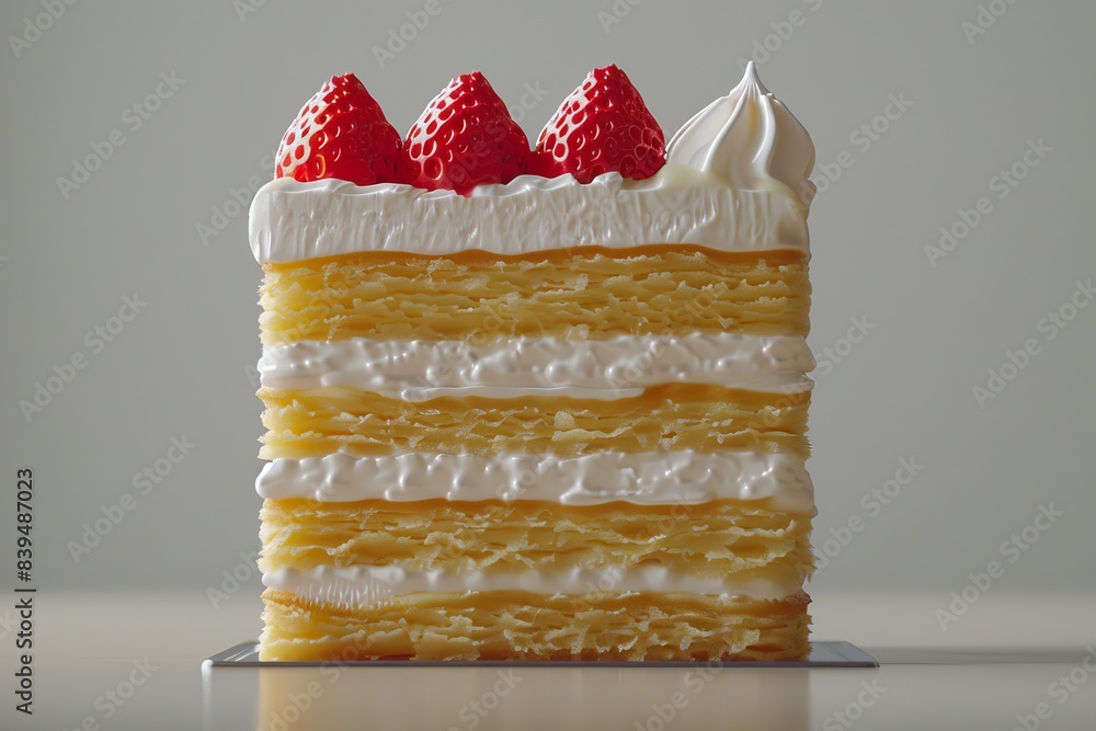 Poster elegant strawberry layer cake with cream frosting and fresh strawberries in a simple setting