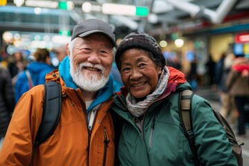 Portrait of a satisfied multicultural couple in their 70s wearing a windproof softshell isolated on busy airport terminal