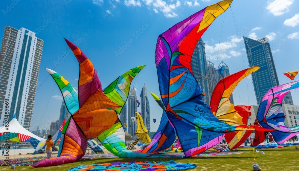 Wall mural mesmerizing display of multi-colored kites at dubai kite festival in jumeirah beach