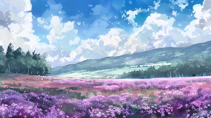 Vibrant Springtime Meadow with Purple Wildflowers and Distant Mountains