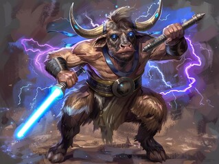 Create a dynamic pixel art scene of a minotaur wielding a blue lightsaber, standing amidst purple thunder and a blue aura