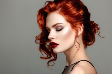 Fototapeta premium A woman with red hair wears black stylish clothes on a gray background. Fashion and beauty. Hairstyle and hair coloring.