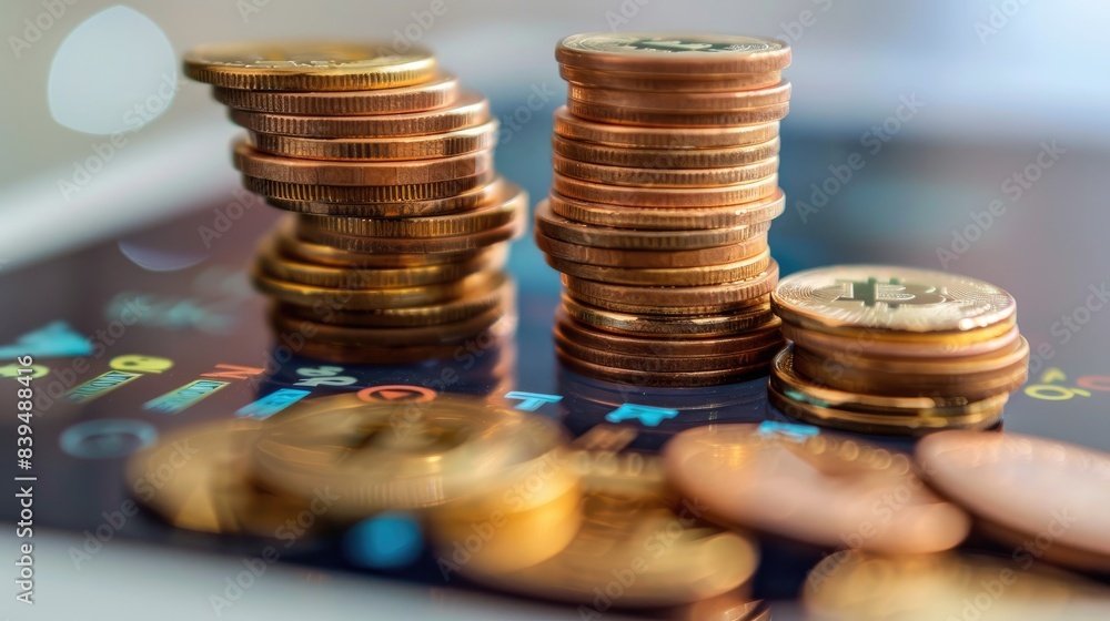 Poster coins being stacked in front of a digital tablet showing financial apps, representing tech-driven fi