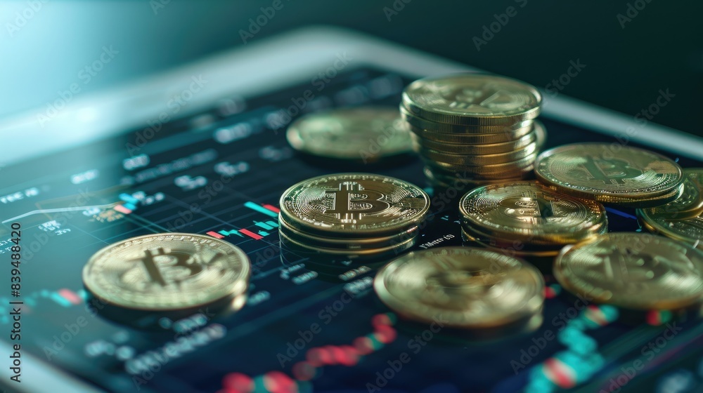 Poster coins being stacked in front of a digital tablet showing financial apps, representing tech-driven fi
