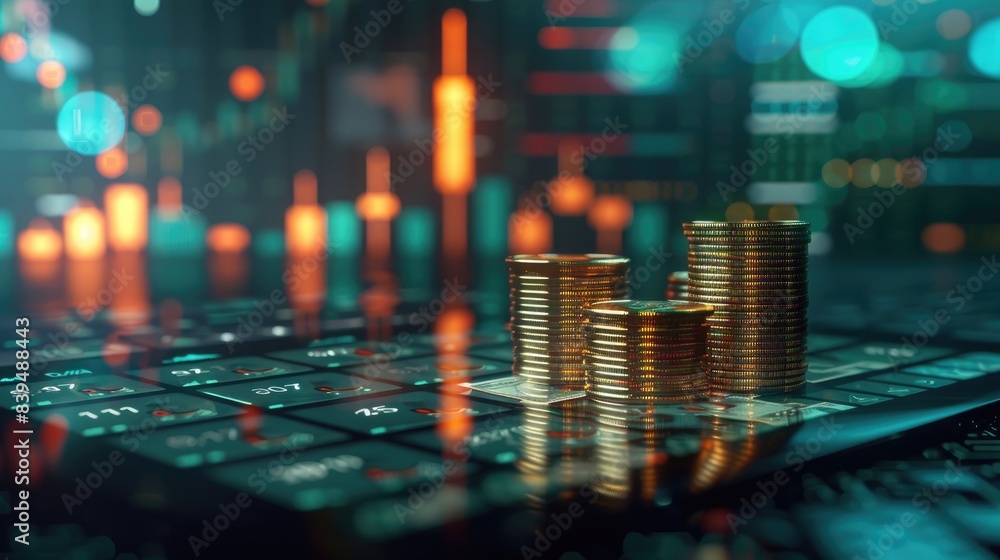 Poster coins being stacked in front of a digital tablet showing financial apps, representing tech-driven fi
