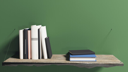 Books on the old wooden shelf, 3d
