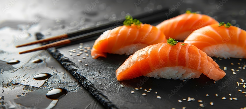 Poster macro shot of sushi being held by chopsticks, blurred background with space for text