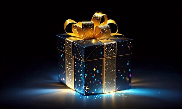A black Christmas gift with a shiny gold ribbon and a gold bow shines and glows on a black background. Magical shining gift box with gold glitter. Christmas. Sale. Black Friday.