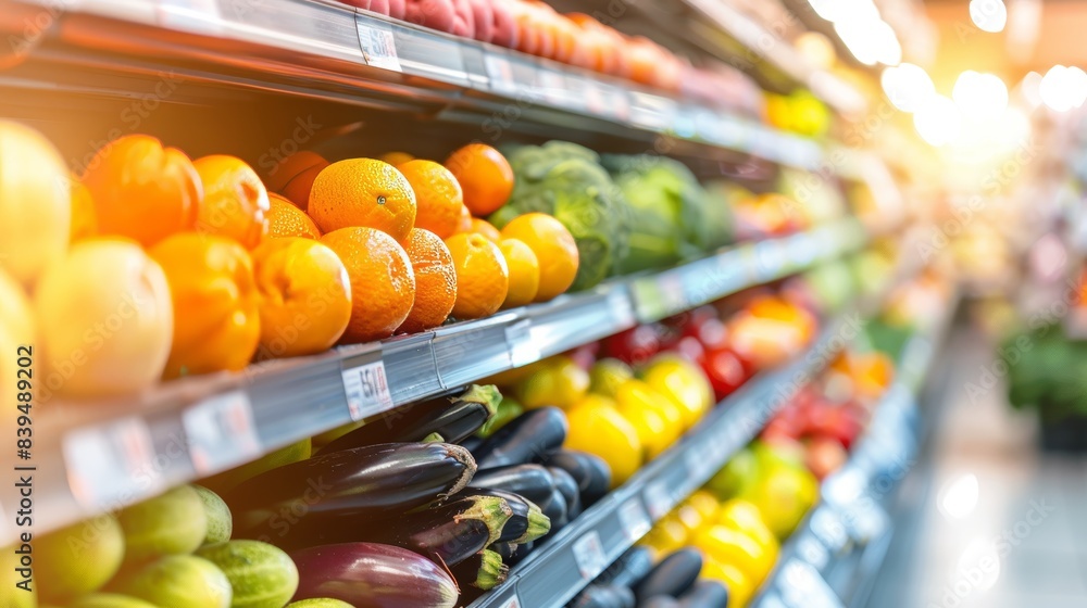 Poster fresh vegetables display in shop window with blurred background, perfect for text placement