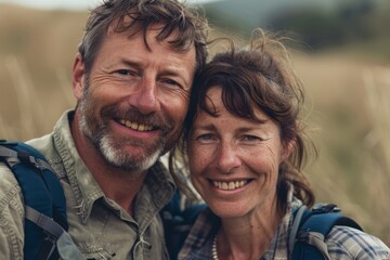 Fototapeta premium Portrait of a smiling caucasian couple in their 40s sporting a breathable hiking shirt on quiet countryside landscape