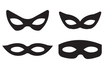 Mask superhero carnival villain or burglar vector icon set. Collection of Black outline flat masquerade costume eye mask silhouette hidden face. Incognito theatre party masque shape clip art. 