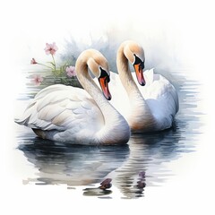 Photo of Water Birds is Swan, Watercolor Clipart style , Isolated on white background