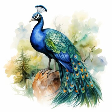 recommend clip art: Photo of Water Birds is Peacock, Watercolor Clipart style , Isolated on white background