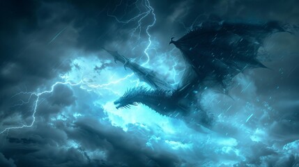 Mystical dragon soaring through stormy skies, illuminated by lightning, creating an epic and fantastical scene of power and majesty.