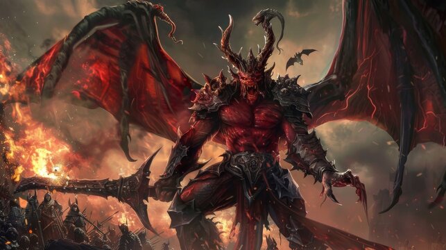 A muscular red demon with horns and wings stands in a fiery hellscape.
