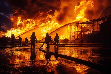 Fototapeta premium Firefighters battle a massive blaze at night, with flames engulfing a structure.