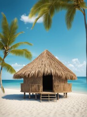 hut among palm trees on the background of the sea, 

Postcard, background, banner, advertisement, flyer, letterhead, design