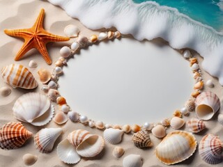 Frame of sea shells on sand with free space for text in the center.
Postcard, background, banner, advertisement, flyer, letterhead, design