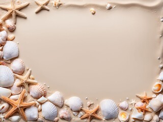 Obraz premium sea shells on the sand, sea surf, background, banner, advertisement, flyer