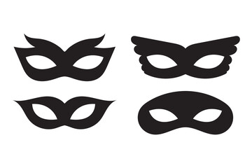 Mask superhero carnival villain or burgar vector icon set. Black masquerade costume eye mask silhouette hidden person face. Simple design incognito party masque shape template illustration. © Hello 