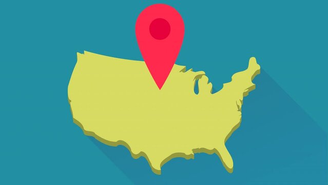 Looped animation of a red location marker bouncing on the 3D yellow map of USA on blue background with long shadow design (flat design)