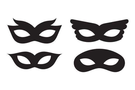 Mask superhero carnival villain or burgar vector icon set. Black masquerade costume eye mask silhouette hidden person face. Simple design incognito party masque shape template illustration.
