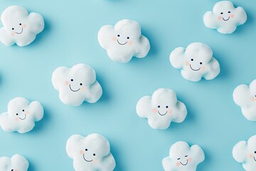 Simple cloud shapes with smiling faces, scattered on a light blue background