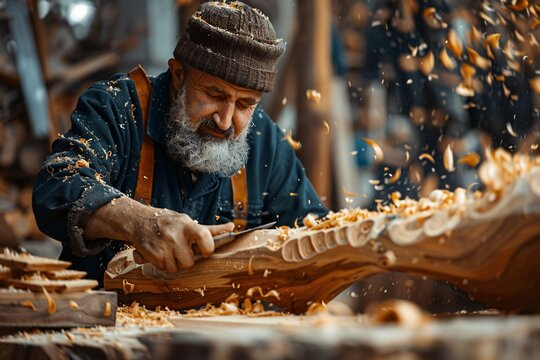 A man using a large knife on a wooden object