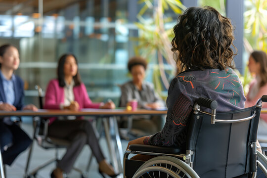 Highlight the intersectionality of gender discrimination with other forms of bias Woman in wheelchair having a leisurely moment at a table during an event