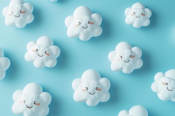Simple cloud shapes with smiling faces, scattered on a light blue background