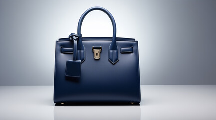 product photo, studio shot, navy blue soft leather handbag, simple white background