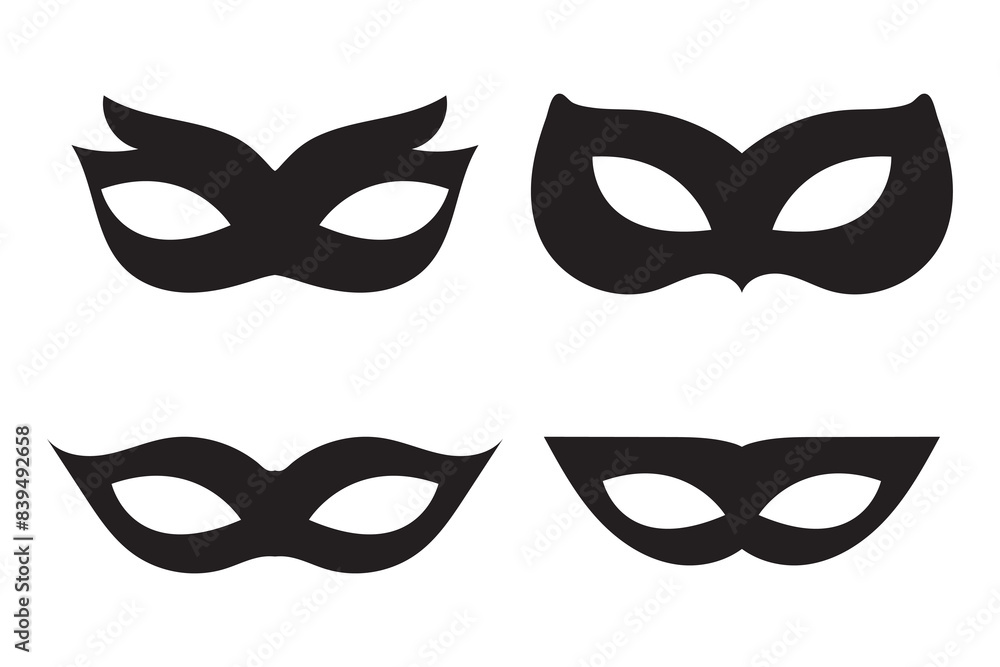 Wall mural Superhero or thief mask with eye slits vector black icon set. Masquerade costume mask silhouette hidden villain or burgar face. Simple design carnival incognito party masque clip art illustration. 