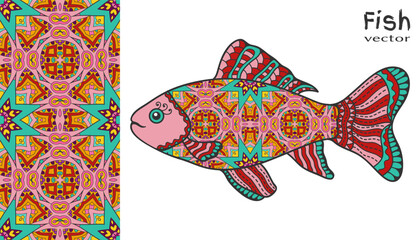 Hand drawn stylized sea fish and colorful doodle seamless pattern. Cartoon animal collection. Isolated elements for textile fabric, paper print, invitation or greeting card design. Ocean life.