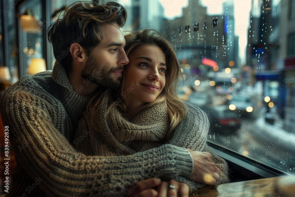 Wall mural Portrait of a blissful caucasian couple in their 30s wearing a cozy sweater isolated on bustling city cafe