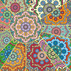 Vector patchwork quilt pattern. Vintage decorative collage. Hand drawn background. Indian, Arabic, Turkish motifs for printing on fabric or paper. Abstract colorful doodle pattern in mosaic style